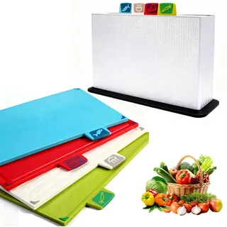 4Pcs Mehrfarbige Kunststoff Schneidebrett Set mit Ständer, Rutschfesten Füßen & Saftrillen, Spülmaschinenfest Schneidebretter, BPA Frei Chopping Board Frühstücksbrettchen für Fisch Fleisch Gemüse Obst
