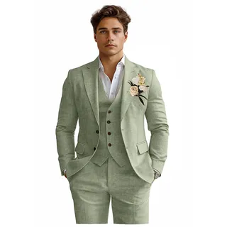 Herren-Anzüge aus Leinen, 3-teilig, schmale Passform, Smoking, Anzug für Herren, Strand, Hochzeit, formelle Business-Anzug, Bräutigam, Abschlussball, Salbeigrün, M