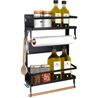 Jolitac Magnetisches Kühlschrank-Gewürzregal, platzsparend, schwarzes Regal auf Kühlschrank, Küchenpapier-Halter, faltbares Design (schwarz, groß)