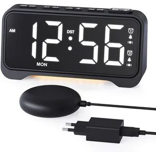 ROCAM Wecker Laut für Tiefschläfer, Wecker Digital mit 3 Vibrationsstufen & 5 Lautstärken, Vibrationswecker mit Doppelalarm & 3 Weckzyklen, Großes Display mit Wochentag, Nachtlicht, Snooze, USB & DST