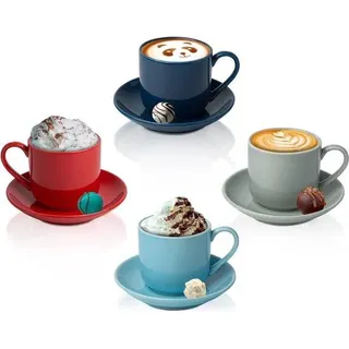 Espresso-Set mit 4 Tassen und passenden Untertassen - Premium Porzellan, 8-teiliges Demitasse-Set - Rot, Blau & Grau - italienische Kaffee-Mokkatassen, türkische Kaffeetassen - Lungo-Shots, Dopio-Double-Shot