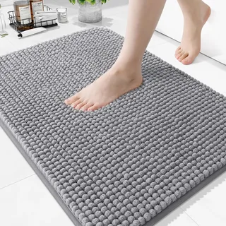 Homaxy Saugfähiger Dicker Chenille Badteppich 60×90 cm, Grau | Weich, Bequem, Rutschfest, TPR-Rückseite, Maschinenwaschbar, Badezimmerteppich, Badematte, Duschvorleger für Badezimmer