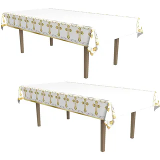 Beistle Religiöse Kunststoff-Tischdecken für Taufe, Erstkommunion, Party-Dekorationen, Kreuz-Tischdecke, 137,2 x 274,3 cm, Weiß/Gold, 2 Stück