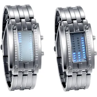 JewelryWe 2pcs Paar Uhren Digitaluhr Silber Edelstahl Binäre Uhr Rechteck Bezel LED Sportuhr Blau LED Licht Kalender Mode Cool Partner Armbanduhr für Herren Damen