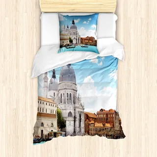 ABAKUHAUS Venedig Mantele, Canal Grande Venedig, Milbensicher Allergiker geeignet mit Kissenbezügen, 135 cm x 200 cm - 80 x 80 cm, Pale Kaffee Weiß - Weiß