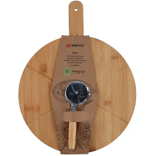 alpina Pizzabrett mit Pizzaschneider - Küchen Gadgets aus Bambus - Pizzaschieber mit Messer - Ø 34 cm - Praktisches Design