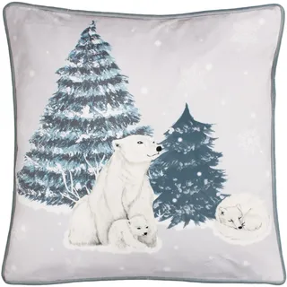 furn. Arcticus Bear Polyestergefülltes Kissen (Blau - 45x45cm) | Weihnachten Winter Eisbärenfamilie Samt Fleecerückseite Paspelrand Festliches Kissen