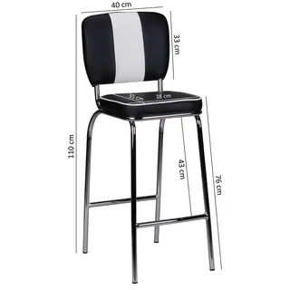 FineBuy 2er Set Barhocker American Diner Schwarz 50er Jahre Retro Barstuhl Sitzfläche mit Rücken-Lehne Fußstütze Sitzhöhe 76 cm - Schwarz