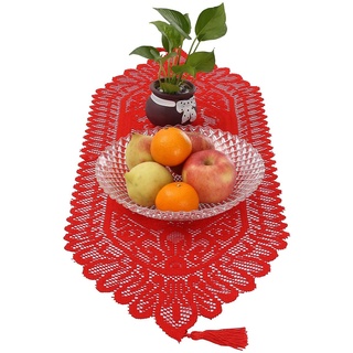 KYEYGWO Rot Hohle Spitze Tischläufer mit Vintage Blumenmuster, Elegante Makramee Tischdecke Boho Tischwäsche mit Quasten, Landhausstil Tischtuch für Esstisch Deko Hochzeit Weihnachten 88x33 cm