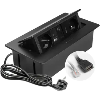 Gtv – Einbausteckdose MULTISOFT schwarz mit 2x Steckdose mit Erdung, USB A+C, RJ45, HDMI 2.0, versenkbar mit Abdeckung, 1,5 m Kabel, ideal für Küche, Büro oder Konferenztisch