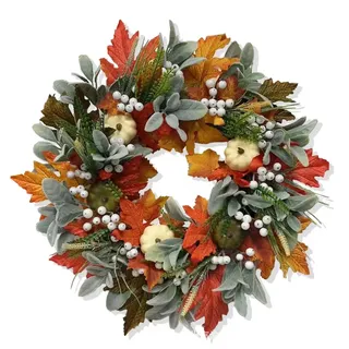 Großer Herbstkranz Künstliche Ahornblatt Kranz Herbst Kürbisse Kranz mit Ahornblätter Kürbis Rote Früchte Tannenzapfen für Halloween Thanksgiving Herbstdekoration (C)