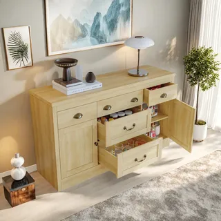 UnboxG Sideboard 135×39,8×80 cm Natur, Küchen- & Esszimmer Schrank mit 5 Schubladen & 2 Türen, Stauraum- & Aufbewahrungsmöbel aus Holz, Modernes Design