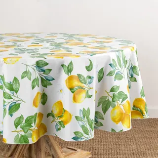 Elrene Home Fashions Vintage-Tischdecke mit Zitronenblumen, Wasser- und schmutzabweisend, Vinyl, für drinnen und draußen, mit Flanell-Rückseite, 177,8 x 177,8 cm, rund