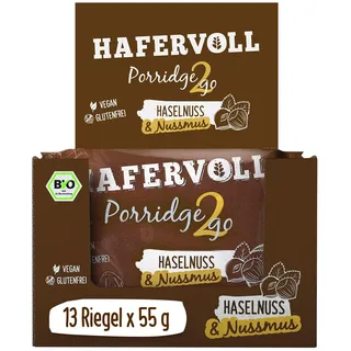 Hafervoll Porridge2go Haselnuss & Nussmus, 13 x 55g Riegel - Vegan, Bio, Glutenfrei, Naschen ohne Zusatz von Zucker, mit Hafer, Datteln und Quinoa-Pops