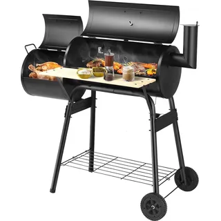 COSTWAY Holzkohlegrill Grillwagen mit Deckel, 2-in-1-Smoker & Grill mit Rädern, Thermometer, Seitenfeuerbox, Seitentisch & Regal - Schwarz