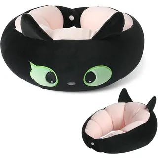 BEKKLPOU Schwarzes Katzen Nackenkissen, Travel Neck Pillow, Weiche Tier Reisekissen, Niedliches Tier u Förmiges Reisekissen Für Zuhause Und Büro Schlafkissen (Rosa)