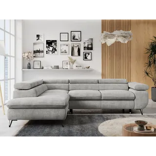 MKS Meble Ecksofa Sofa Grau, Wohnlandschaft L-Form mit Schlaffunktion und Bettkasten, Schlafsofa mit Bettkasten, Sofa mit Einstellbare Kopfstützen, Peter L - Hellgrau Struktur - Links Grau - Grau