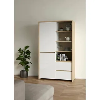 Dmora - Vitrine Nadine, Glas-Sideboard, Mehrzweckvitrine, Hängendes Bücherregal mit Glastüren, 100x48 h170 cm, Eiche und Weiß