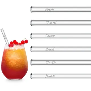 HALM Glasstrohhalme 6x 15 cm kurz International Anstoßen Edition Glastrinkhalme „Prost“ in 6 verschiedenen Sprachen