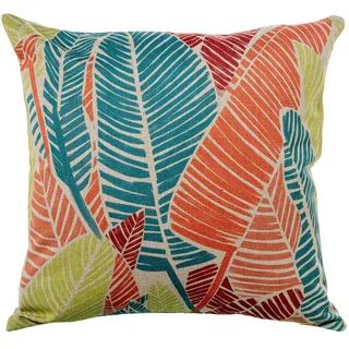 DRW Quadratisches Kissen aus Polyester und Baumwolle mit Reißverschluss und Blättern in Blau und Orange, 45 x 10 x 45 cm