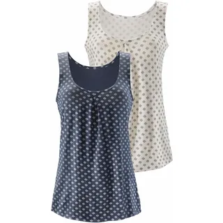 Strandtop LASCANA "mit schönem Druck", Damen, Gr. 32/34, blau (rauchblau, creme), Single Jersey, Obermaterial: 95% Viskose (LENZINGTM ECOVEROTM), 5% Elasthan, gemustert, figurumspielend, tiefer Rundhals, Tops Strandtop, aus elastischer Viskose-Qualität