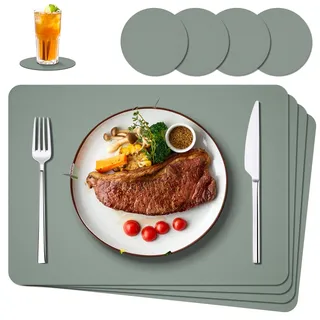 IKWOLETI Tischsets Abwaschbar mit Untersetzer - 4er Set Platzsets Abwaschbar aus Kunstleder - Doppelseitige Platzdeckchen in Lederoptik - Ideal für Küche und Büro Salbeigrün