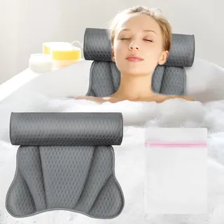 flintronic Badewannenkissen, Ergonomisches Luxus-Badewannenkissen, 4D-Badekissen für die Badewanne mit 6 Leistungsstarken Saugnäpfen für Home Spa und Badewannen Stützt Kopf, Nacken, Schultern (Grau)