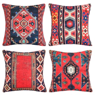 Kissenbezug Boho 40x40 Outdoor Kissen Sofakissen Dekokissen Kissenhülle Rot Retro Abstrakte Geometrische Orientalisch Teppich Muster Kissenbezüge für Sofa Schlafzimmer Wohnzimmer Bauernhaus 4er Set