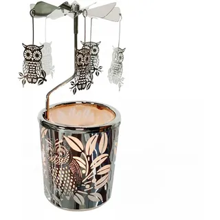 Kingnero eulen Kerze Windlicht Karussell, Glas teelichthalter karussell ,Weihnachten Drehbar Kerzenhalter windmühle Kerze für Zuhause, Tische, Geschenke für Kinder, Frau, Geburtstag, (Silver)