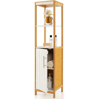 Badezimmer-Schrank aus Bambus, freistehender Schrank mit Tür, verstellbares Regal und offene Regale, schmaler Wäscheturm, Weiß + Natur - Weiß, Hellbraun