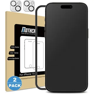 Mothca Matte Schutzfolie für iPhone 15, 2 Stück + 2 Kameraschutz | Matte Displayschutzfolie mit Montagerahmen, Anti-Glare Screen Protector, Nano-Ätztechnik, Anti-Fingerabdruck, 9H-Hartglas