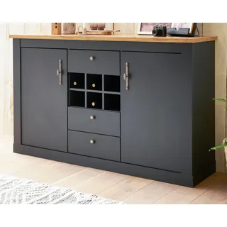 Sideboard "Ribera" in grau Wotan Eiche Landhaus Kommode mit Flaschenregal, Soft-Close 169x104 - Dunkelgrau, Naturbelassen