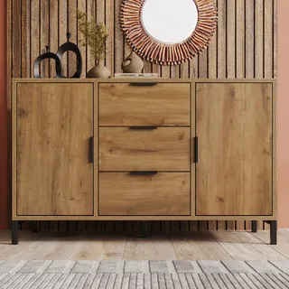 Flieks Kommode mit 3 Schubladen und 2 Türen, Sideboard Wohnzimmerschränke mit Metallbeinen, Kommode Schlafzimmer Flur Wohnzimmer, 120 x 40 x 76cm - Braun