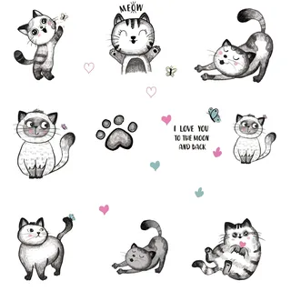 SUPERDANT Cartoon Katzen Wandtattoo Für Kinderzimmer | Niedliche Katze, Herz Pfotenabdruck, Vinyl Wandsticker, Für Schlafzimmer Wohnzimmer Kinderzimmer