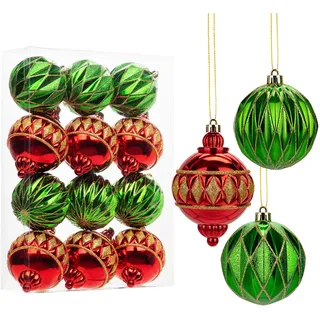 12 Stück große Weihnachtskugel-Ornament-Set für Baum, bruchsicher, rote und grüne Weihnachtsbaumschmuck, Verschiedene Kunststoffornamente für Hochzeit, Party, Girlande, dekorative Kugeln
