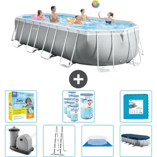 Intex Oval Prism Frame Swimmingpool – 610 x 305 x 122 cm – Grau – inklusive Pumpe – Leiter – Bodenplane – Abdeckung Wartungspaket - Filter - Bodenfliesen