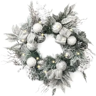 Valery Madelyn 52cm Weihnachtskranz Türkranz Groß, haustür weihnachtskranz Weiß Silber,Adventskranz mit 15 Led Timer und Weihnachtskugeln Schleife für Weihnachtsdeko Feste Advent,Adventsgesteck
