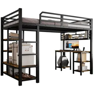 Redom Hochbett 120/200 cm mit Schreibtisch, Ablage und 4-stufiger Leiter, stabile Lattenroste, Schwarz/Dunkelwalnuss , Metall , 120x200 cm , Babymöbel & Kindermöbel, Kinderzimmer & Jugendzimmer, Kinderbetten, Hochbetten