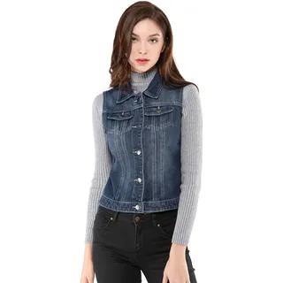 Allegra K Damen Jeansweste Ärmellos Knopfleiste Sommer Denim Revers Jacke Westen mit Taschen Blau S