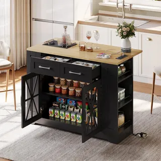 MODFU Küchenschrank küchenwagen mit erweiterbare Arbeitsfläche mit Klapptisch,Servierwagen mit Glastür,USB-Anschluss und AC-Anschluss,Wohnzimmerschrank mit verstellbares Laminat,Schwarz+Natur - Schwarz