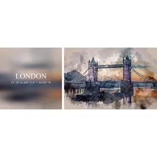Leinwandbild QUEENCE "London", bunt (farbe bild(er): bunt), B:100cm H:40cm T:2cm, Canvas, Holzrahmen, Bilder, Leinwandbild, Premium-Leinwandstoff, Handarbeit aus Deutschland, Spruch, 2er Set