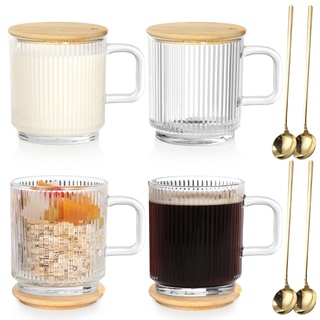 Anhow 4er Cappuccino Tassen, 350ml Latte Macchiato Gläser mit Deckel und Löffel Gläser Geriffelt Espresso Tassen Set Kaffeegläser für Latte/Cappuccino/Getränke/Tee/Kaffee