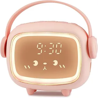 Edillas Kinderwecker Digital Mädchen Jungen Nachtlicht Snooze,Countdown,6 Weckklingeltönen,Einstellbarer Helligkeit,Aufladbarer Wecker für Kinderzimmer,Wohnzimmer (Rosa)