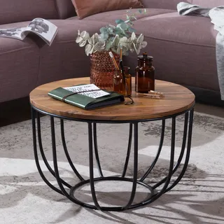 FineBuy Couchtisch Sheesham rund Ø 60 cm – Wohnzimmertisch aus Massivholz mit schwarzem Metallgestell – Handgefertigter Sofatisch im Industrial Design - Braun