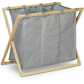 Relaxdays Wäschesortierer, klappbarer Wäschesammler mit 3 Fächern, 3x 28 L, Wäschetrenner, 57,5 x 69 x 38 cm, grau/Natur