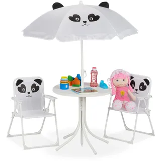 Relaxdays Camping Kindersitzgruppe, Panda Motiv, Kindersitzgarnitur mit Sonnenschirm, Klappstühlen , weiß