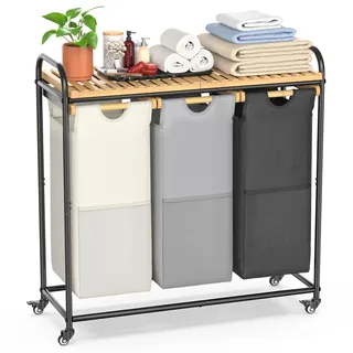 BambooHomie Wäschekörbe 3 Abschnitt, Wäschesortierer mit entnehmbarem Regal und herausziehbaren Taschen, Wäschekörbe mit Rollwagenkorb für Waschküche Badezimmer, 3 x 40 L (Schwarz Weiß Grau)