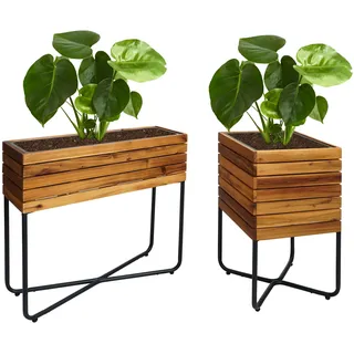 2er-Set Pflanzkasten HWC-L25, Blumenkasten, rechteckig quadratisch Outdoor Stahl Akazie Holz FSC®-ze