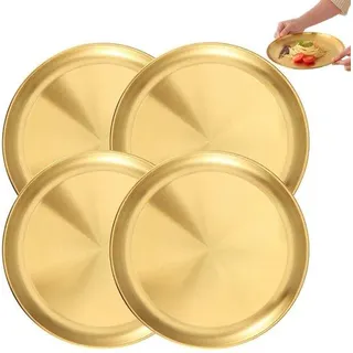 4 Stück Runde Metallteller - Runde Metallteller aus Edelstahl - Geschmiedete Runde Metallteller - Aufbewahrungskästchen aus 20 cm - Unzerbrechliche Teller - Geeignet für Grill, Snacks und das Servieren von Essen - Geschirrspülerfest (Gold) - Gold