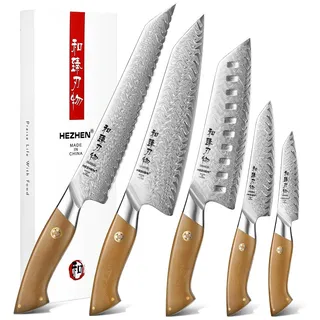 HEZHEN Messerset Profi Damast Küchenmesserset,Damaststahl Kochmesser Set Santoku Messer, Ergonomischer Full Tang Griff